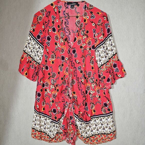 Suzanne Betro Red Boho Wrap Tunic Top Womens Large Lightweight Festival Duster - Picture 2 of 12